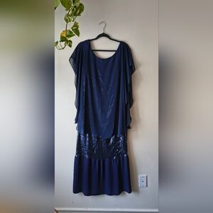 Betsy & Adam Navy Blue Sequin Cape Sleeve Gown Dress Plus Size 14W